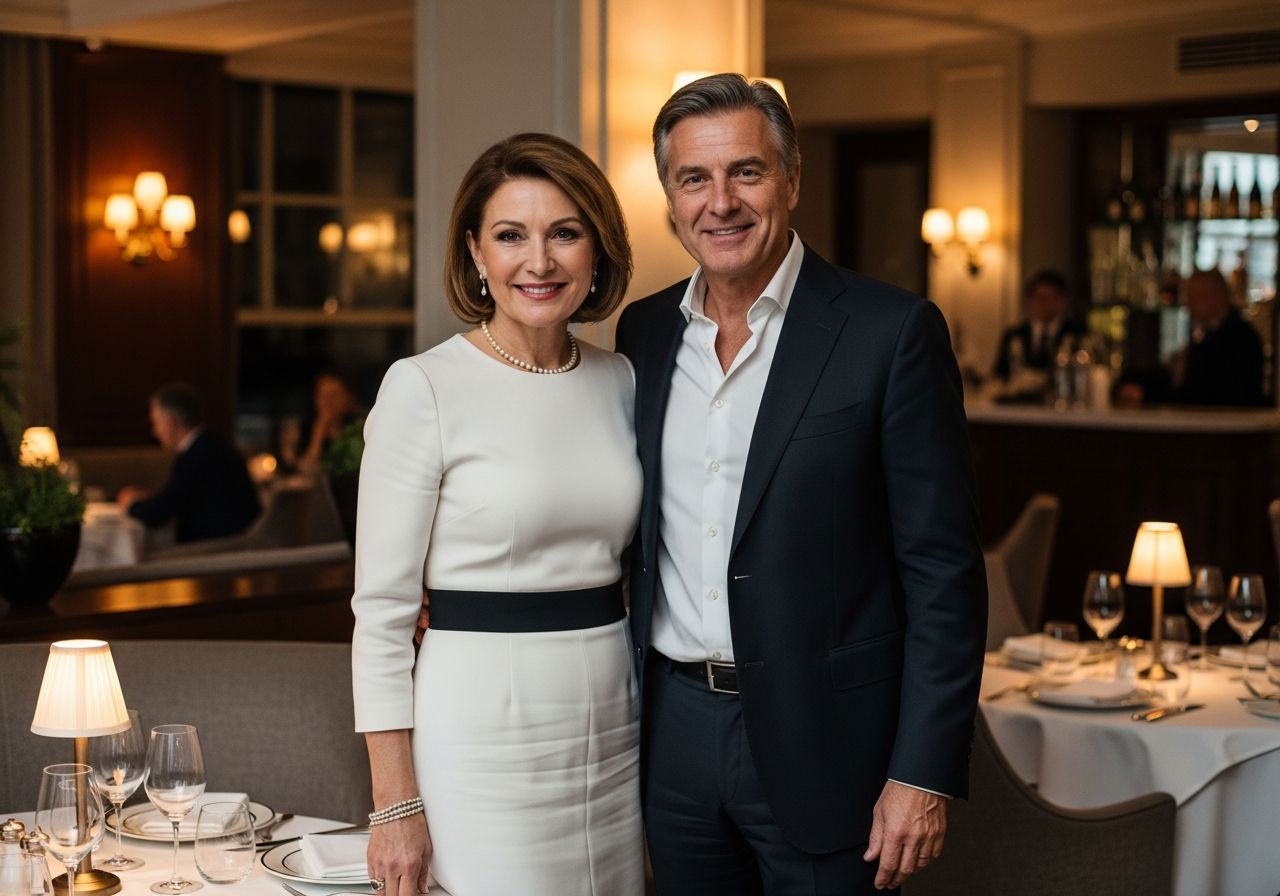 Středověký pár v elegantním oblečení slaví 50. narozeniny v restauraci u stolu s jemným nádobím.