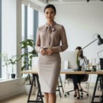Profesionální žena v moderní kanceláři v elegantní sukni a blůze, přirozené světlo zvýrazňuje textury oděvu.