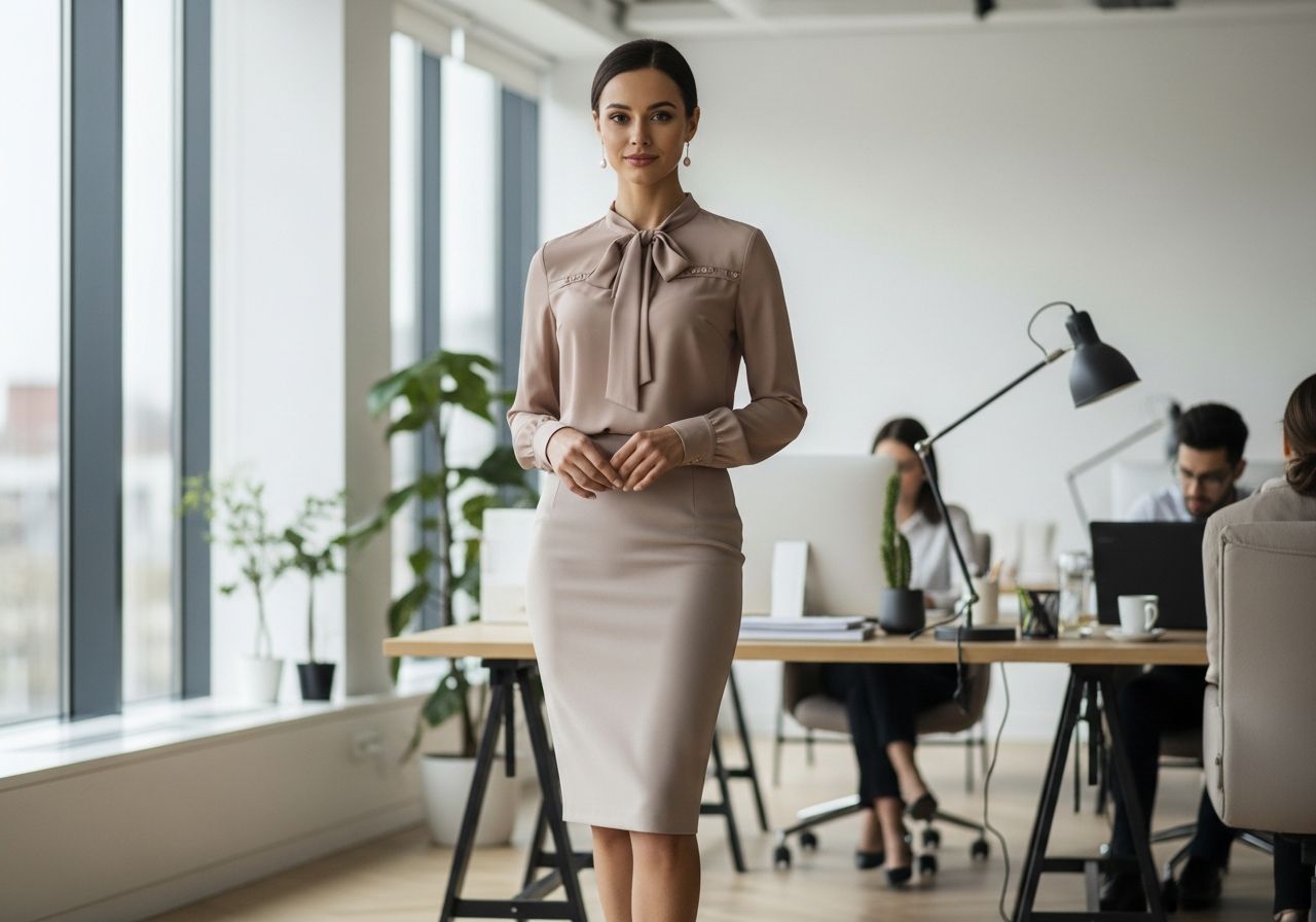 Profesionální žena v moderní kanceláři v elegantní sukni a blůze, přirozené světlo zvýrazňuje textury oděvu.